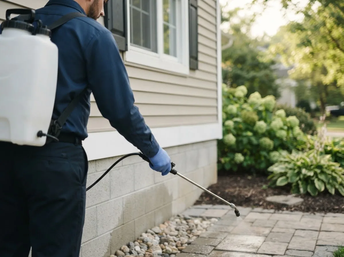 Pest control technician inspecting a home in Ashton, WV